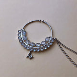 Silver colored large nose ring with double row of stones and double hair chain