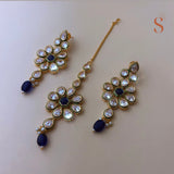 Gold-colored earrings &amp; headpiece with blue stones